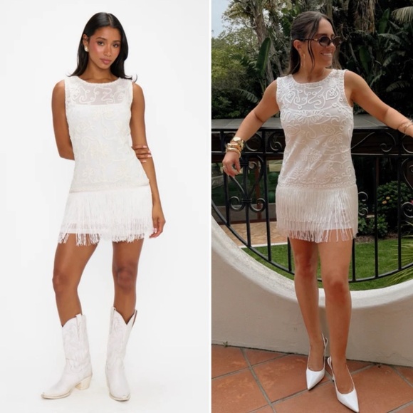 NEW (NWOT) Show Me Your Mumu Cyrus Mini Appliqué Embroidered Dress, White Fringe - Picture 2 of 8